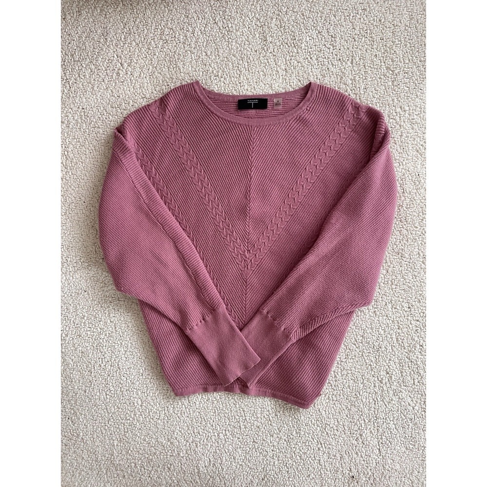 Tahari Mauve Pink Knit Sweater‎ Medium M Chevron Cable Knit Cozy